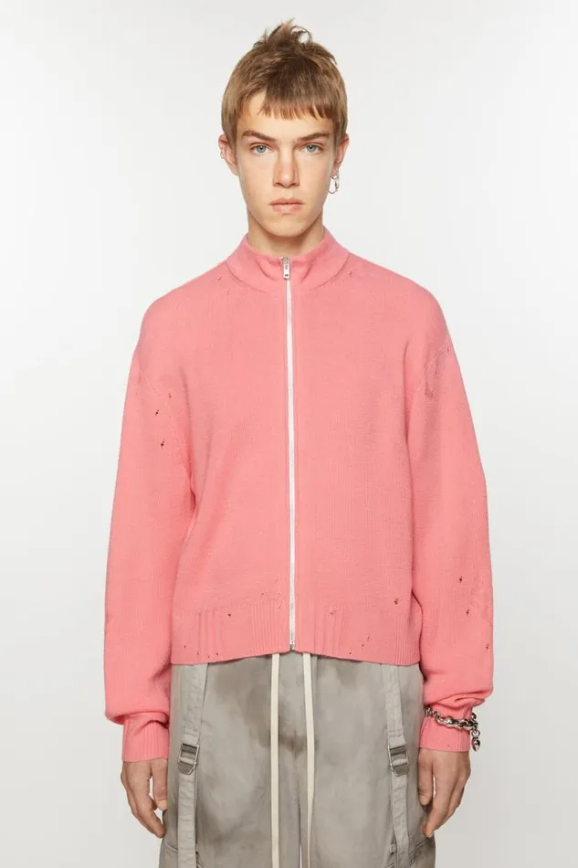 Acne Studios Distressed Zip Cardigan Pink Men Knitwear