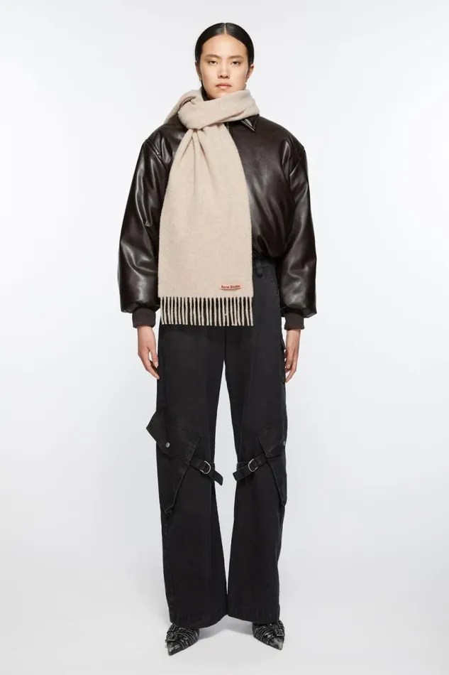 Acne Studios Fringe Wool Scarf 8211 Skinny Oatmeal Melange Women Scarves