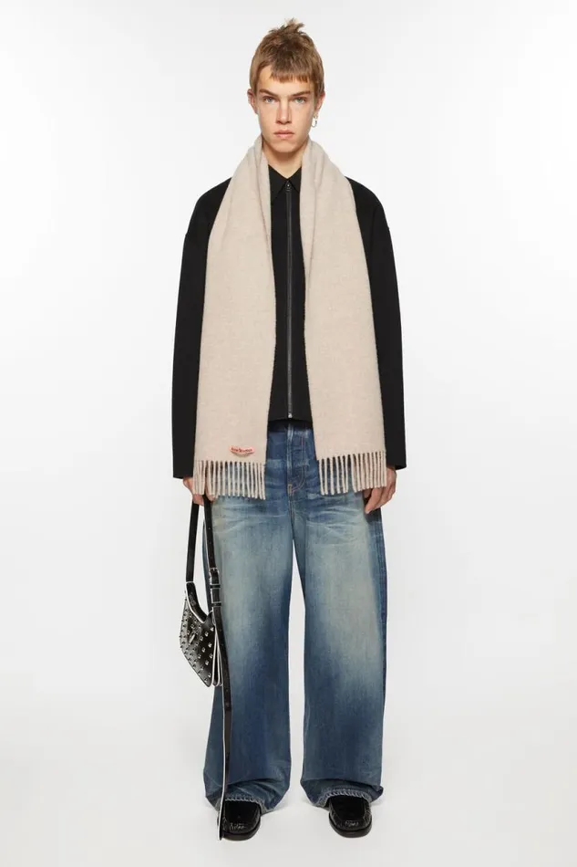 Acne Studios Fringe Wool Scarf 8211 Skinny Oatmeal Melange Women Scarves