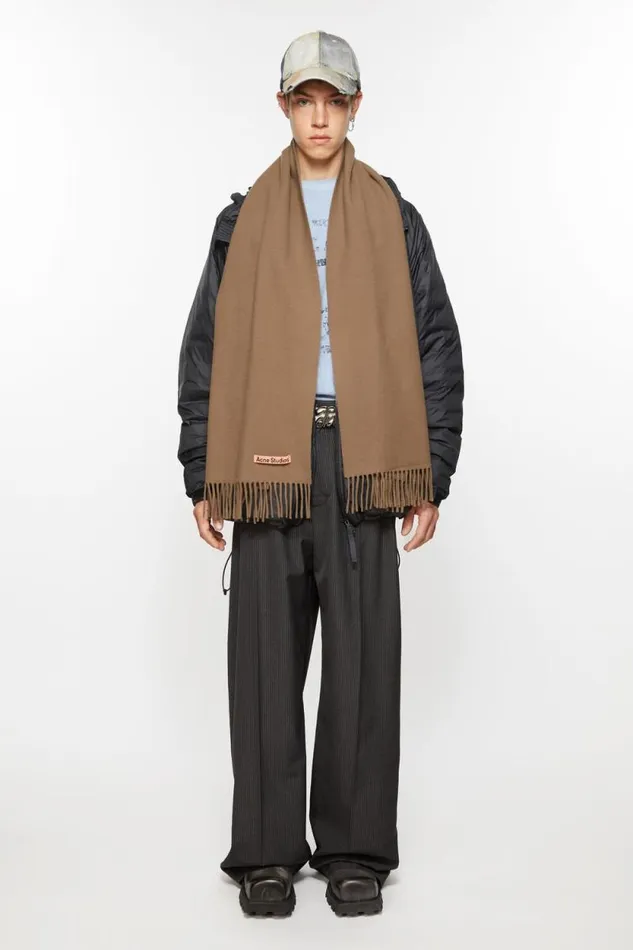 Acne Studios Fringe Wool Scarf Narrow Caramel Brown Men Scarves Acne Studios Fringe Wool Scarf Narrow Caramel Brown Men Scarves