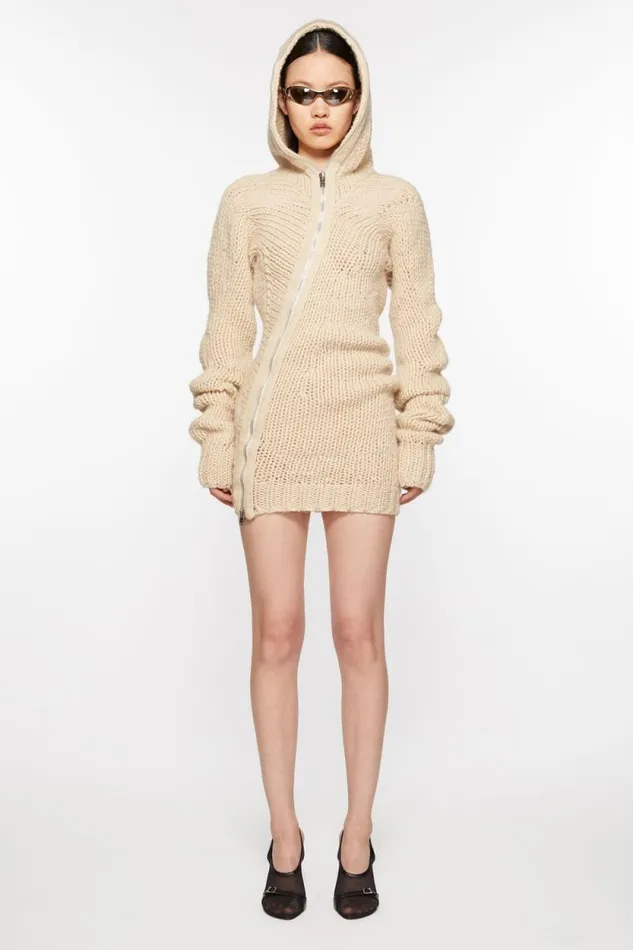 Acne Studios Knit Hooded Dress Ecru Beige Women Dresses