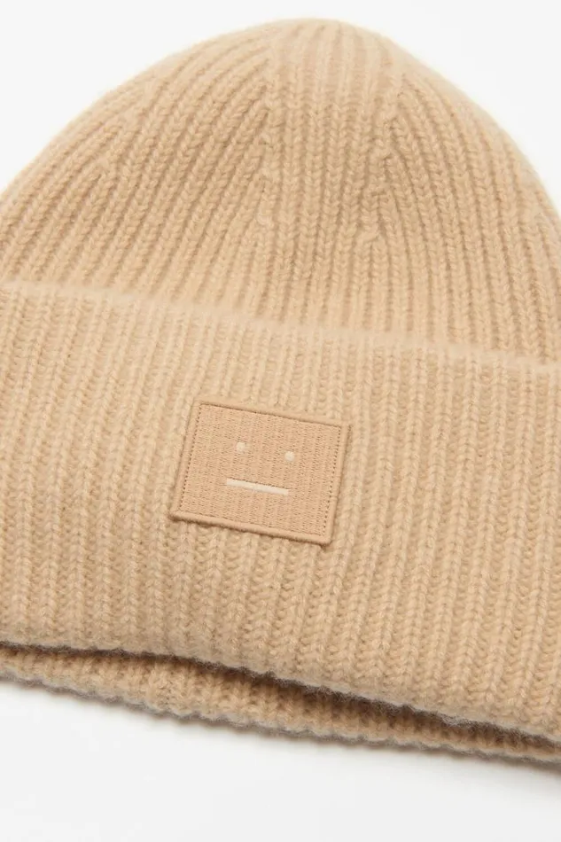 Acne Studios Large Face Logo Beanie Biscuit Beige Women Face Collection Acne Studios Large Face Logo Beanie Biscuit Beige Women Face Collection