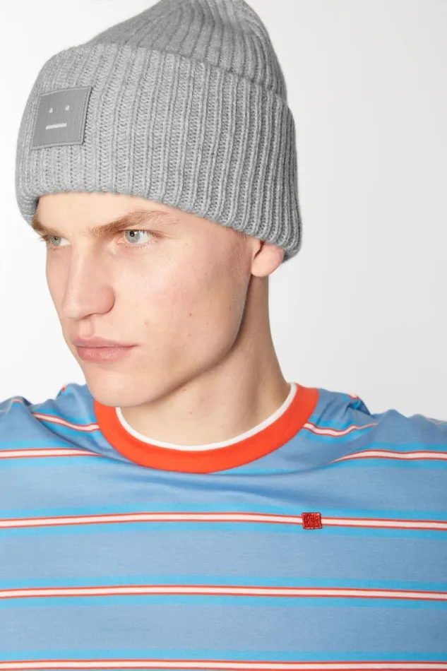 Acne Studios Large Face Logo Beanie Light Grey Melange Women Face Collection Acne Studios Large Face Logo Beanie Light Grey Melange Women Face Collection