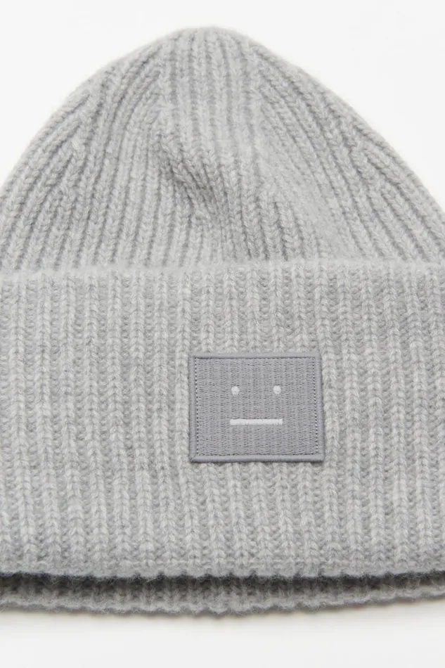 Acne Studios Large Face Logo Beanie Light Grey Melange Women Face Collection Acne Studios Large Face Logo Beanie Light Grey Melange Women Face Collection