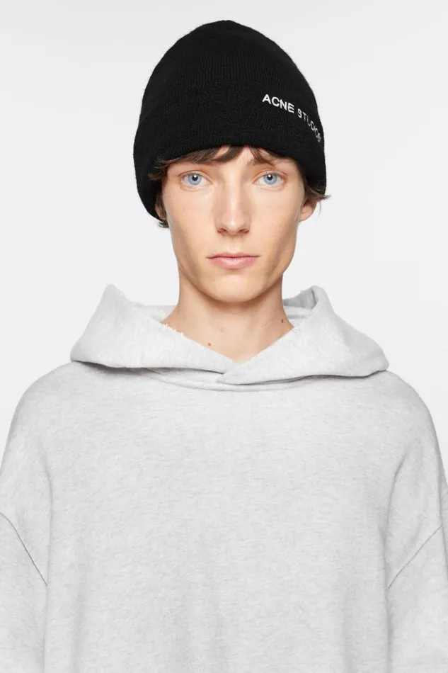 Acne Studios Logo Beanie Black Men Hats Acne Studios Logo Beanie Black Men Hats