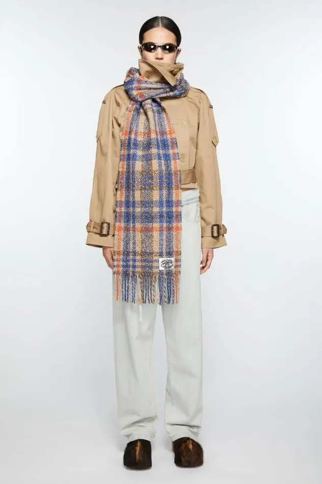 Acne Studios Plaid Fringe Scarf Beigeblue Women Scarves