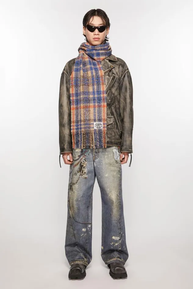 Acne Studios Plaid Fringe Scarf Beigeblue Women Scarves
