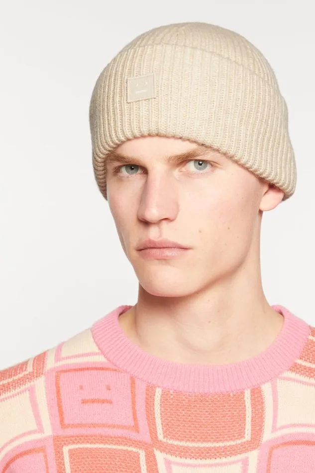 Acne Studios Small Face Logo Beanie Oatmeal Melange Men Face Collection Acne Studios Small Face Logo Beanie Oatmeal Melange Men Face Collection