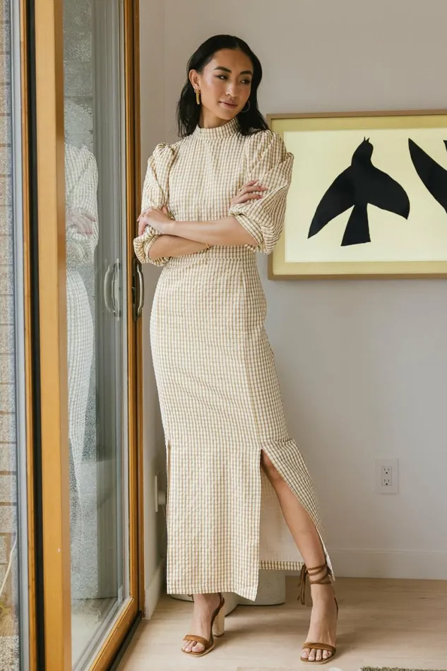 Alex Gingham Dress In Taupe Taupe Women Bohme Dresses
