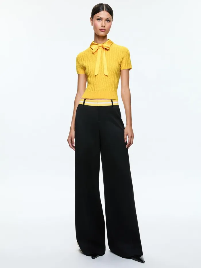 Alice Olivia ABBOTT SHORT SLEEVE PULLOVER WITH WOVEN COLLAR Mustard Seed Women Sweaters