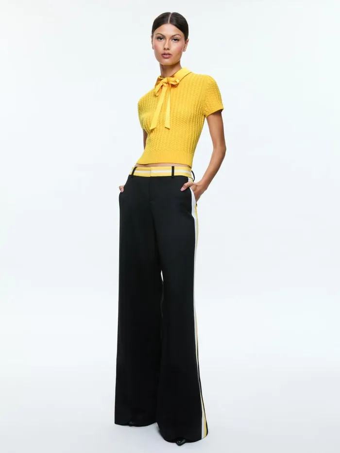Alice Olivia ABBOTT SHORT SLEEVE PULLOVER WITH WOVEN COLLAR Mustard Seed Women Sweaters