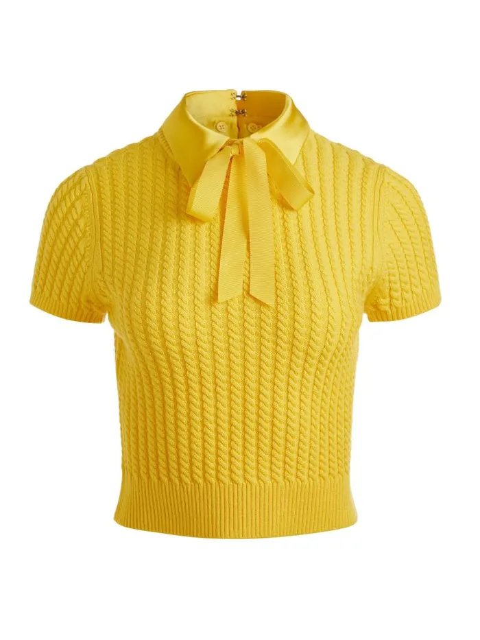Alice Olivia ABBOTT SHORT SLEEVE PULLOVER WITH WOVEN COLLAR Mustard Seed Women Sweaters