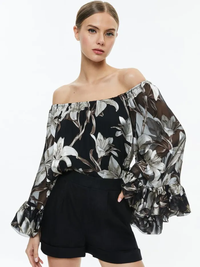 Alice Olivia ARDELIA OFF THE SHOULDER TOP Stargazer Black Lg Women Tops
