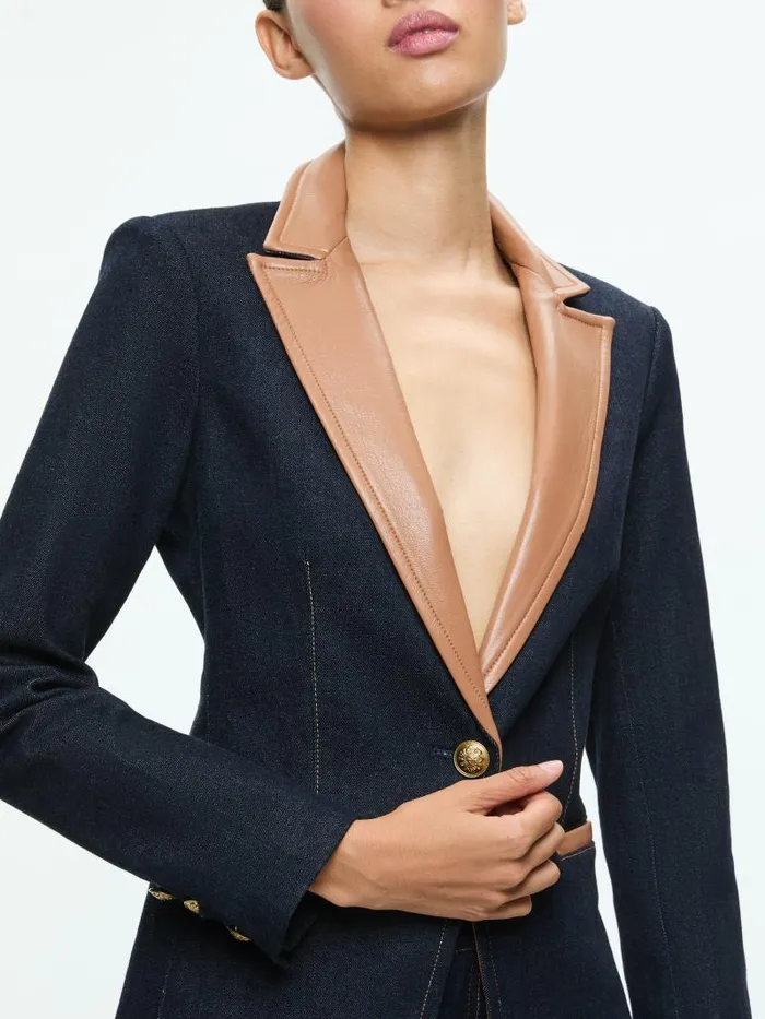 Alice Olivia BREANN LONG BLAZER WITH VEGAN COMBO Dark Rinse Women Jackets Coats