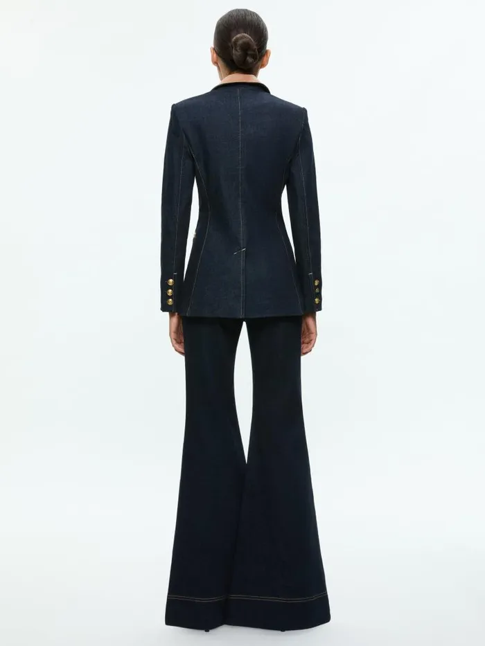 Alice Olivia BREANN LONG BLAZER WITH VEGAN COMBO Dark Rinse Women Jackets Coats