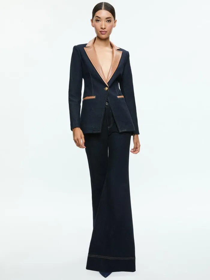 Alice Olivia BREANN LONG BLAZER WITH VEGAN COMBO Dark Rinse Women Jackets Coats