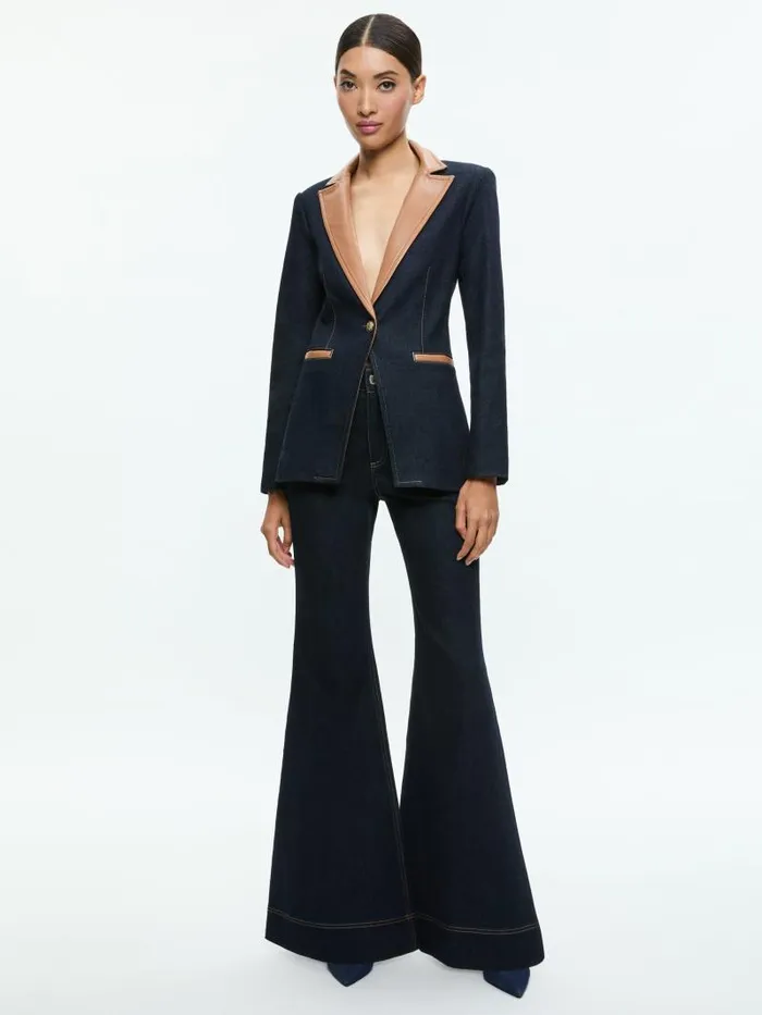 Alice Olivia BREANN LONG BLAZER WITH VEGAN COMBO Dark Rinse Women Jackets Coats
