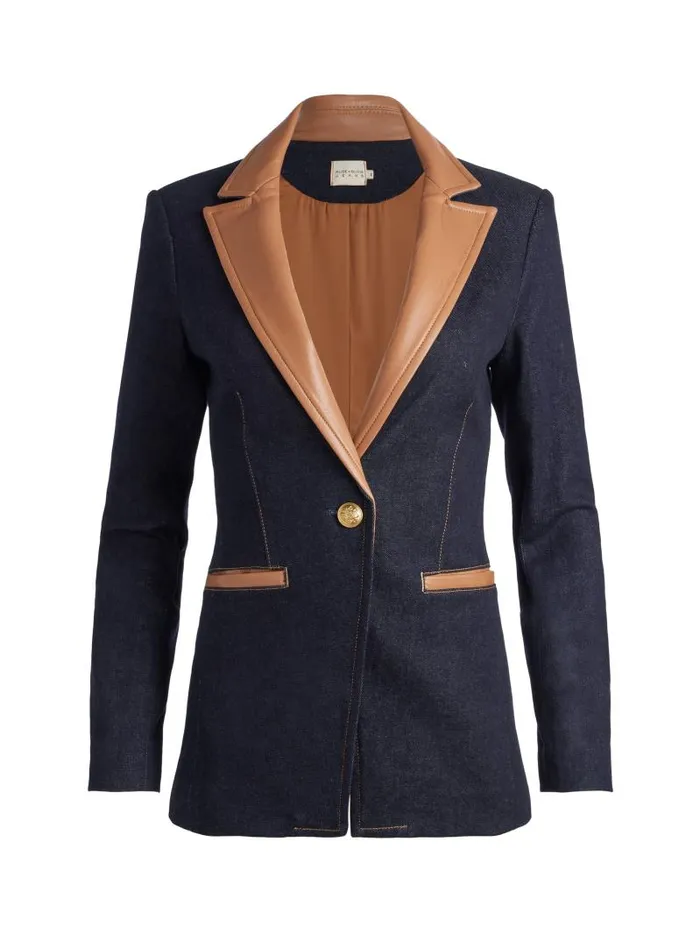 Alice Olivia BREANN LONG BLAZER WITH VEGAN COMBO Dark Rinse Women Jackets Coats