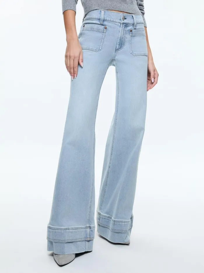 Alice Olivia BRIAN PATCH POCKET WIDE LEG DOUBLE HEM JEAN Leona Light Blue Women Jeans