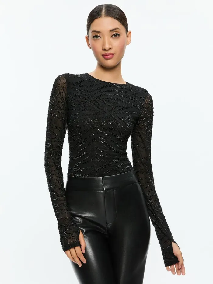 Alice Olivia DELAINA EMBELLISHED CREW NECK LONG SLEEVE TOP Zebrablack Women Tops
