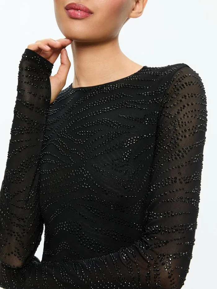 Alice Olivia DELAINA EMBELLISHED CREW NECK LONG SLEEVE TOP Zebrablack Women Tops
