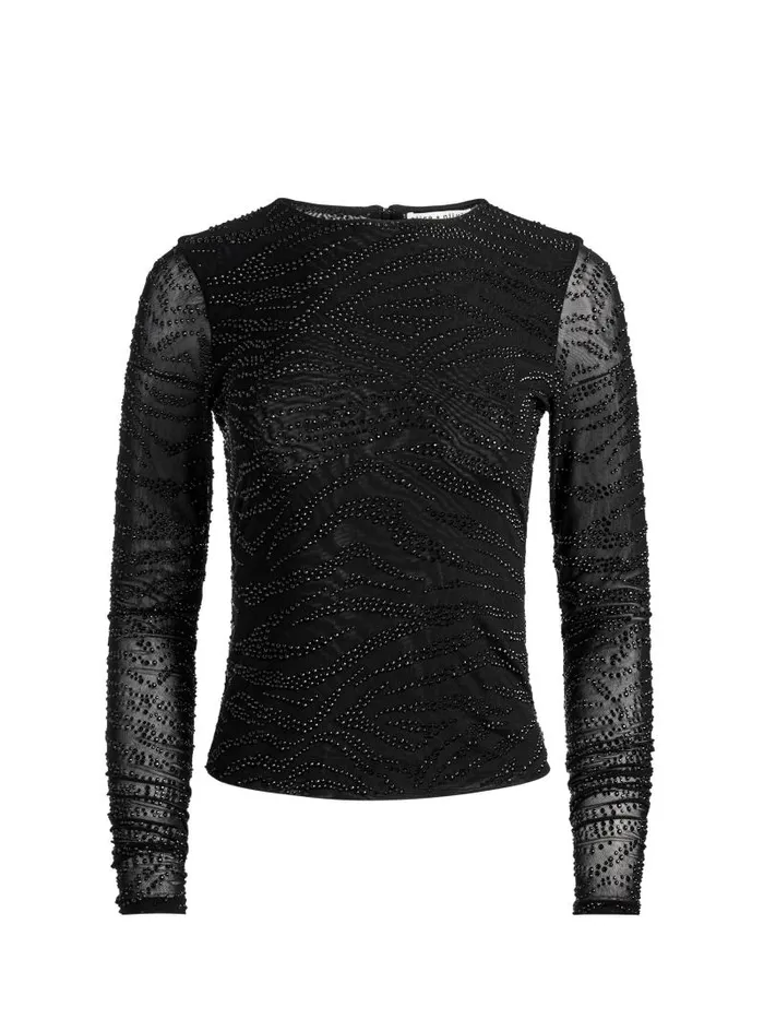 Alice Olivia DELAINA EMBELLISHED CREW NECK LONG SLEEVE TOP Zebrablack Women Tops