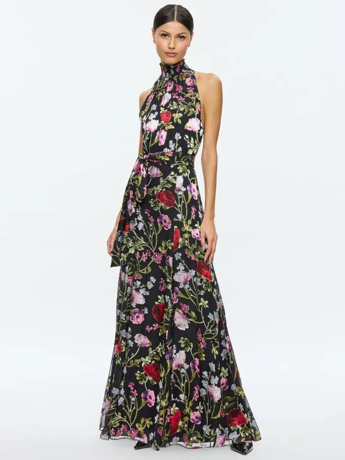 Alice Olivia DITA SMOCKED NECK GODET BURNOUT MAXI DRESS Floral Dreams Women Dresses