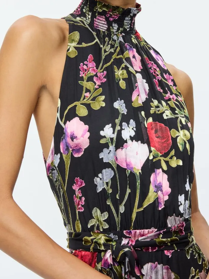 Alice Olivia DITA SMOCKED NECK GODET BURNOUT MAXI DRESS Floral Dreams Women Dresses