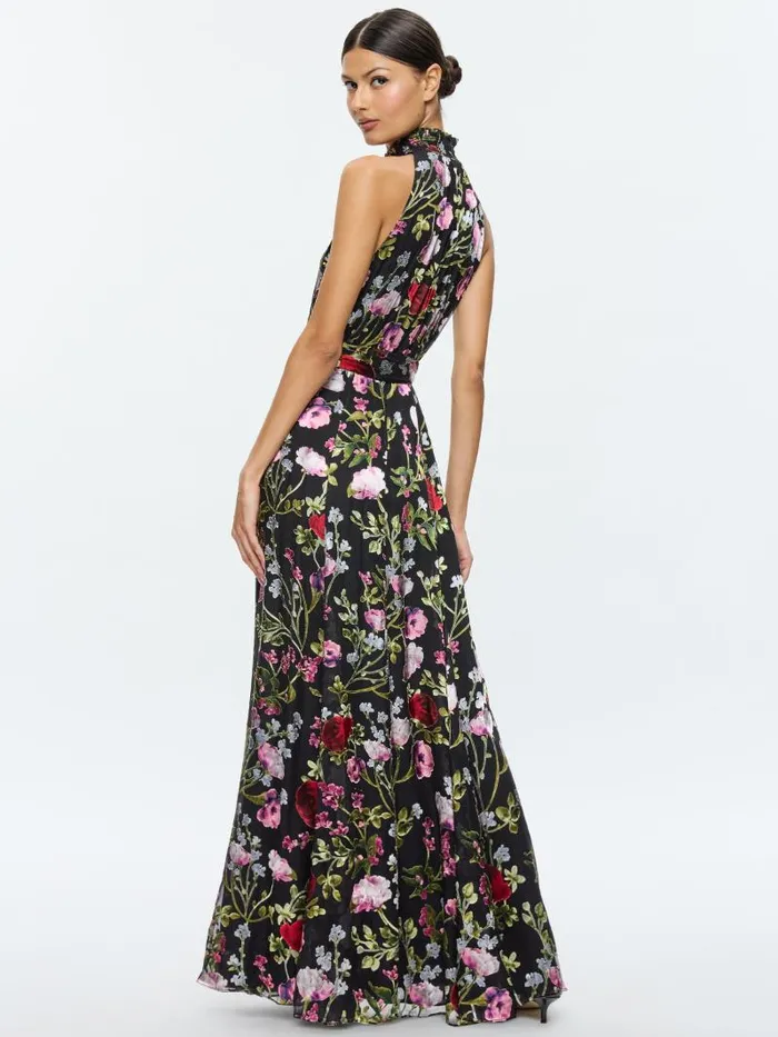 Alice Olivia DITA SMOCKED NECK GODET BURNOUT MAXI DRESS Floral Dreams Women Dresses