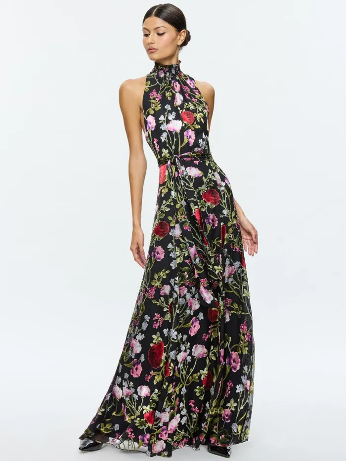 Alice Olivia DITA SMOCKED NECK GODET BURNOUT MAXI DRESS Floral Dreams Women Dresses