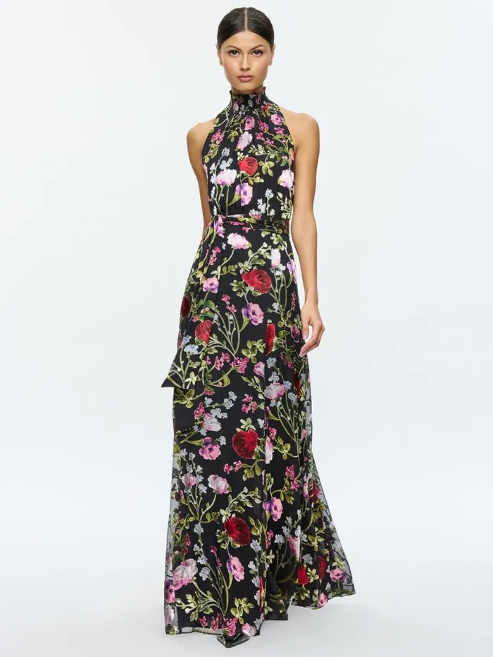 Alice Olivia DITA SMOCKED NECK GODET BURNOUT MAXI DRESS Floral Dreams Women Dresses