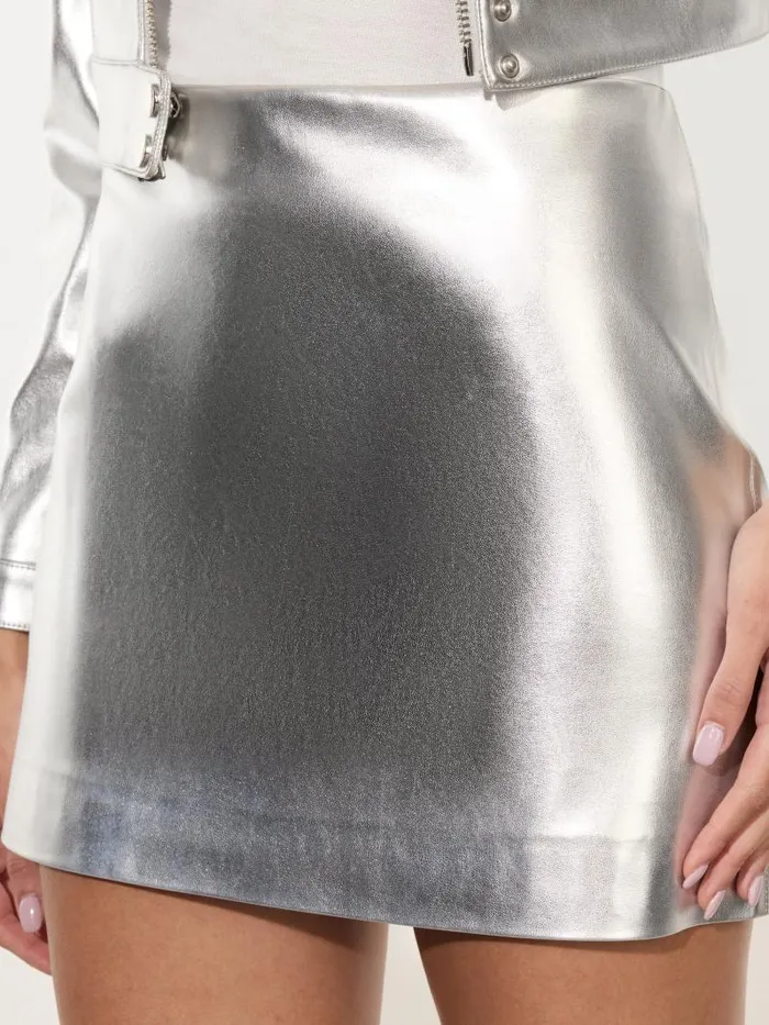 Alice Olivia ELANA VEGAN LEATHER MINI SKIRT Silver Women Skirts