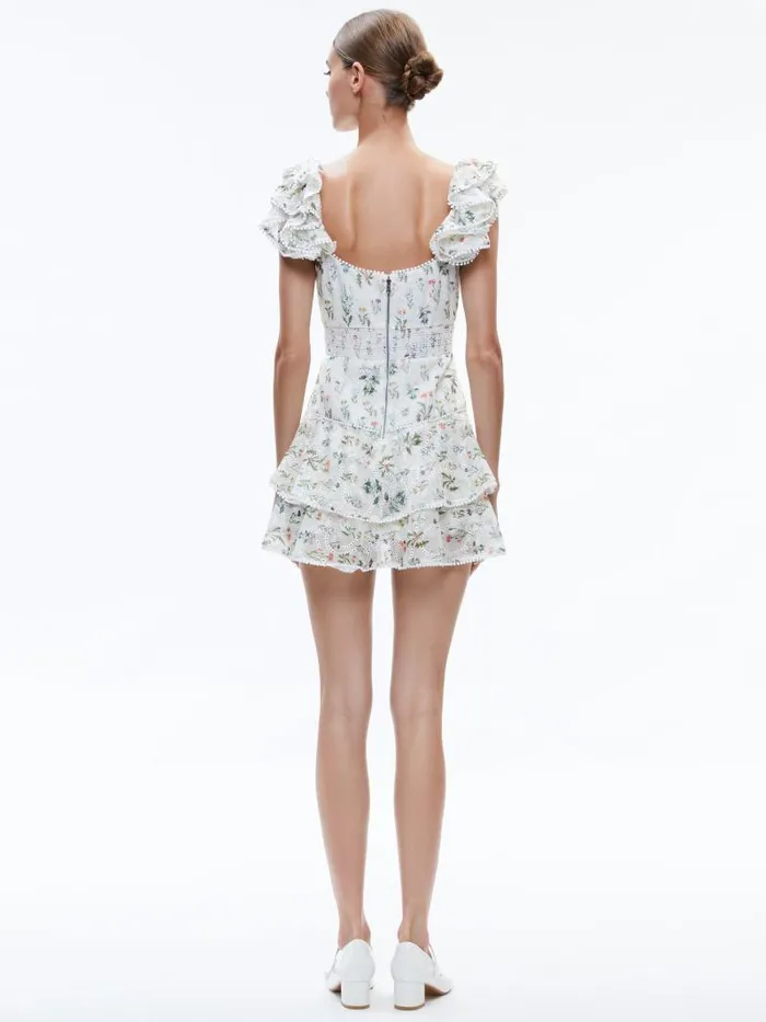 Alice Olivia HARTFORD SMOCKED BUSTIER TIERED MINI DRESS Georgia Floral Women Dresses