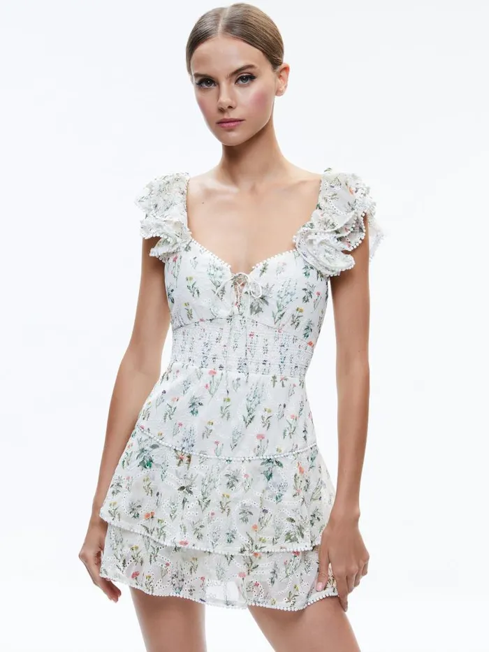 Alice Olivia HARTFORD SMOCKED BUSTIER TIERED MINI DRESS Georgia Floral Women Dresses