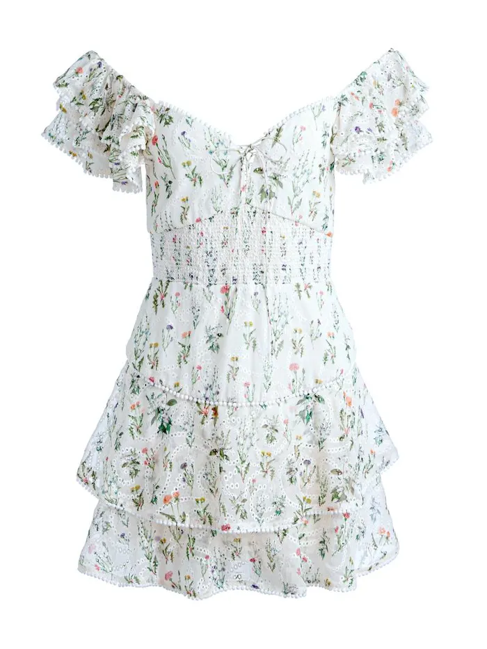 Alice Olivia HARTFORD SMOCKED BUSTIER TIERED MINI DRESS Georgia Floral Women Dresses