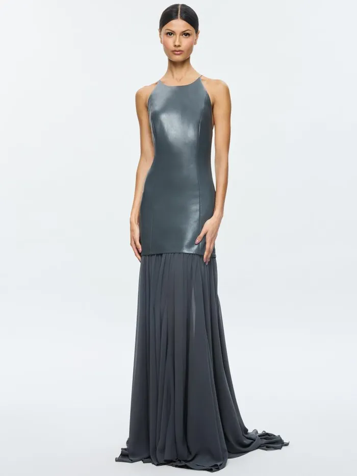 Alice Olivia HIROKO OPEN BACK MAXI DRESS Charcoal Women Dresses