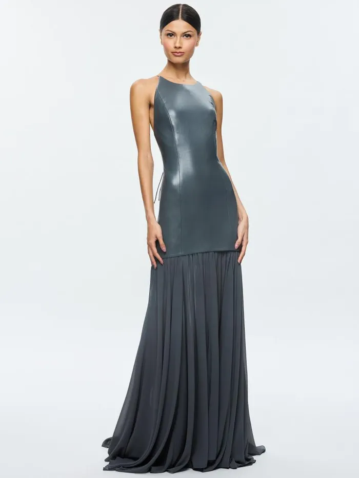 Alice Olivia HIROKO OPEN BACK MAXI DRESS Charcoal Women Dresses