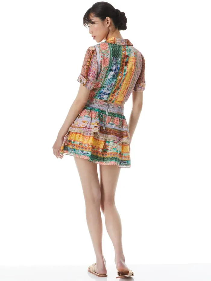 Alice Olivia JOJO SMOCKED WAIST BAND RUFFLE MINI SKIRT Vintage Summer Lavndr Flds Women Skirts