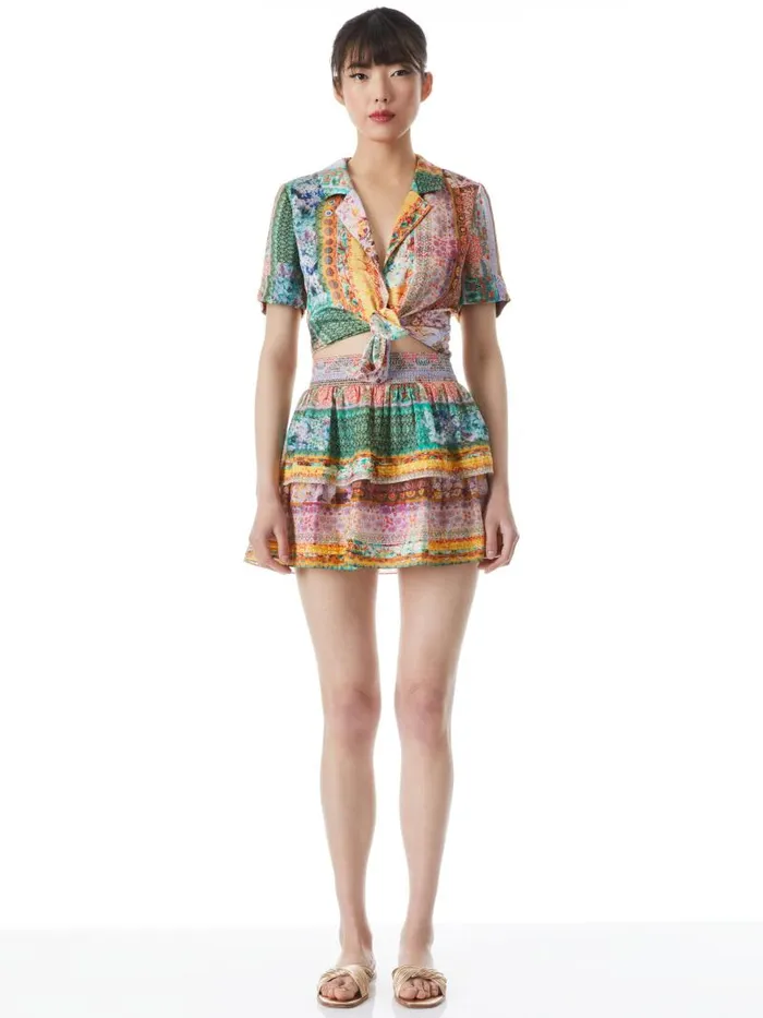 Alice Olivia JOJO SMOCKED WAIST BAND RUFFLE MINI SKIRT Vintage Summer Lavndr Flds Women Skirts
