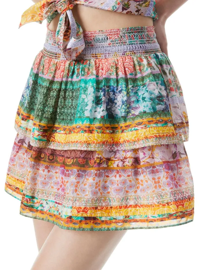 Alice Olivia JOJO SMOCKED WAIST BAND RUFFLE MINI SKIRT Vintage Summer Lavndr Flds Women Skirts