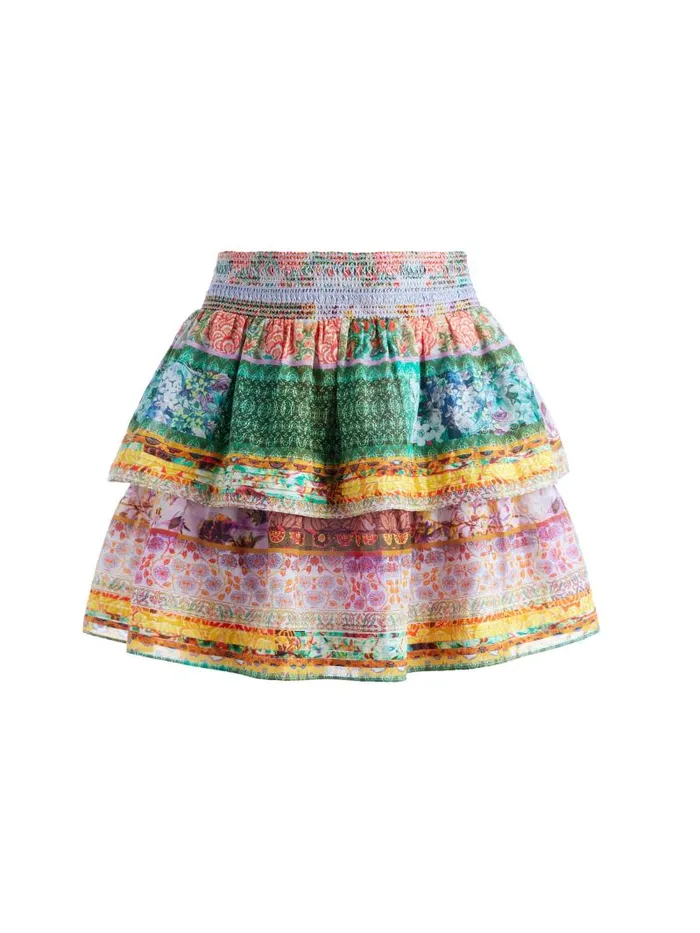 Alice Olivia JOJO SMOCKED WAIST BAND RUFFLE MINI SKIRT Vintage Summer Lavndr Flds Women Skirts