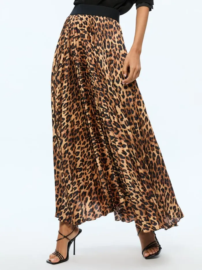 Alice Olivia KATZ MAXI PLEATED SKIRT Spotted Leopard Dark Tan Women Skirts
