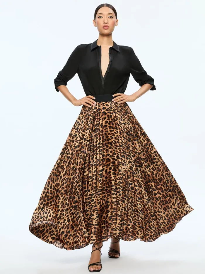 Alice Olivia KATZ MAXI PLEATED SKIRT Spotted Leopard Dark Tan Women Skirts