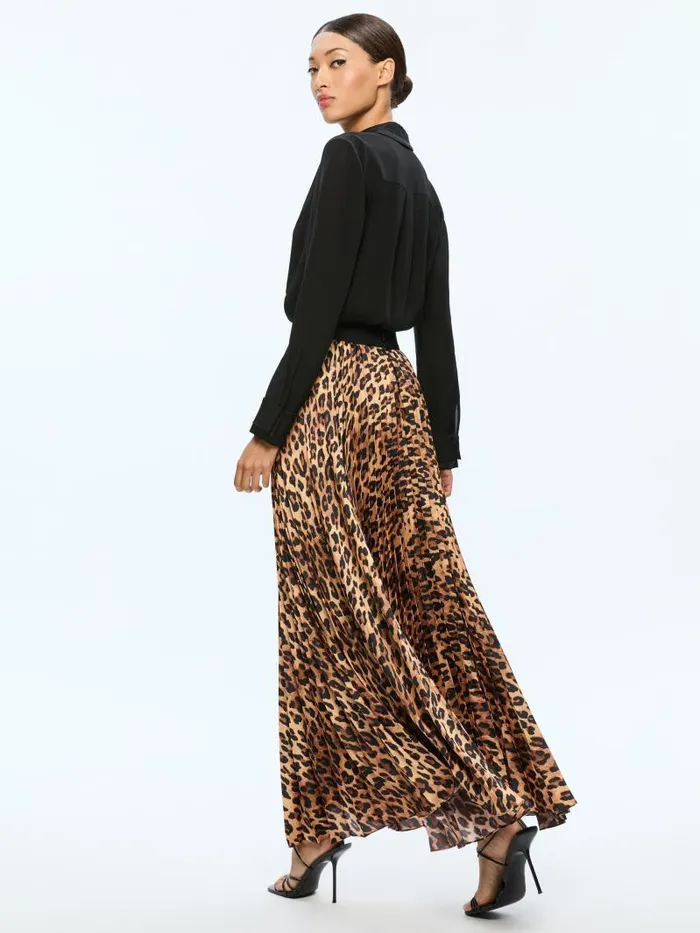 Alice Olivia KATZ MAXI PLEATED SKIRT Spotted Leopard Dark Tan Women Skirts