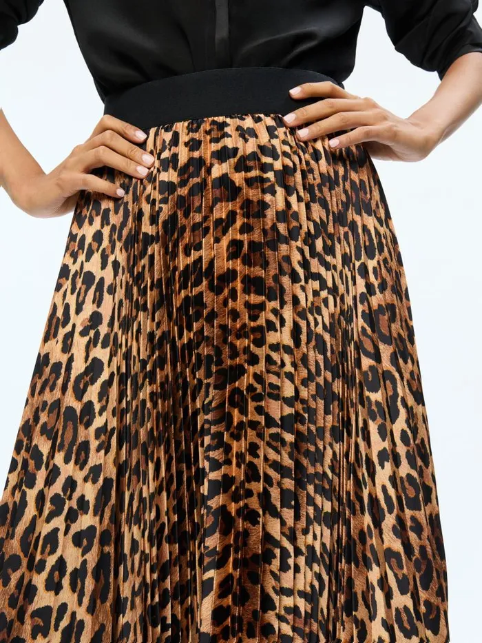 Alice Olivia KATZ MAXI PLEATED SKIRT Spotted Leopard Dark Tan Women Skirts