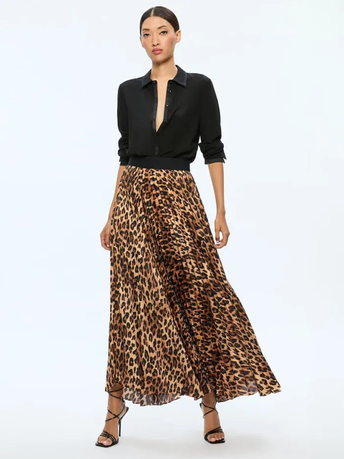Alice Olivia KATZ MAXI PLEATED SKIRT Spotted Leopard Dark Tan Women Skirts