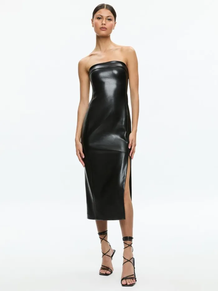 Alice Olivia KELLY VEGAN LEATHER HIGH SLIT MIDI DRESS Black Women Dresses