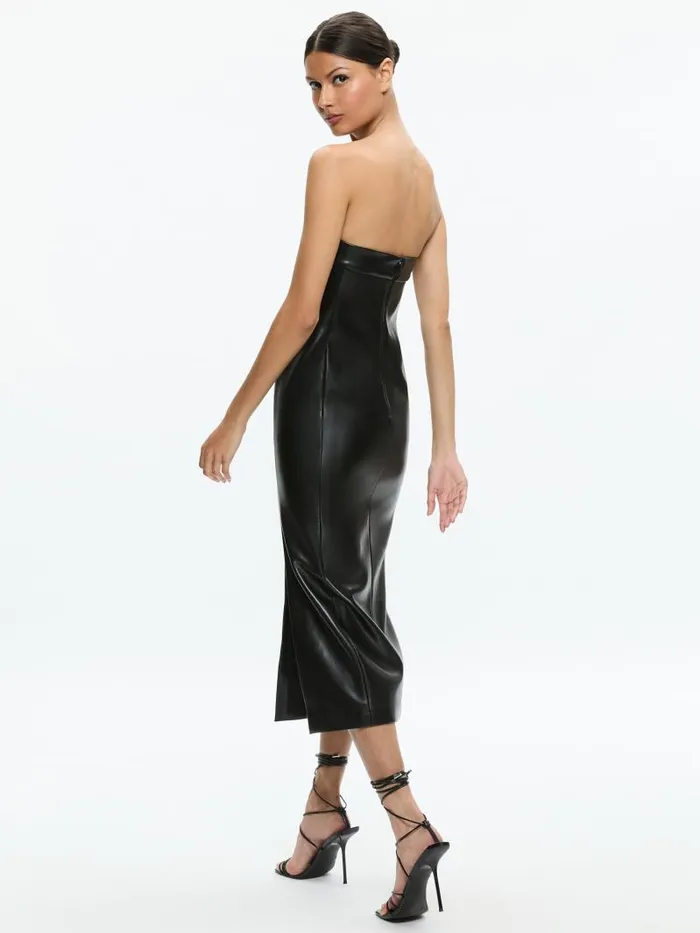 Alice Olivia KELLY VEGAN LEATHER HIGH SLIT MIDI DRESS Black Women Dresses