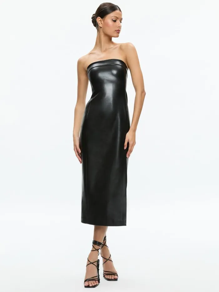 Alice Olivia KELLY VEGAN LEATHER HIGH SLIT MIDI DRESS Black Women Dresses
