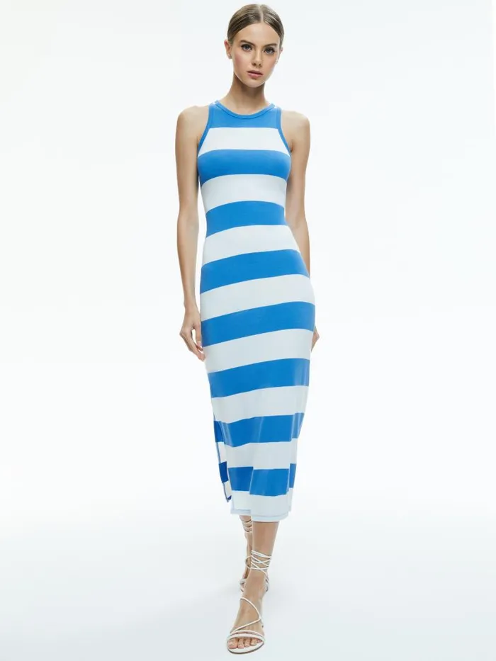 Alice Olivia PANIA RACERBACK SIDE SLIT MIDI DRESS French Blueoff White Women Dresses